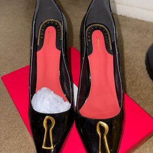 Pointed Patent Leather Flats with Gold Keyhole Accent - Black